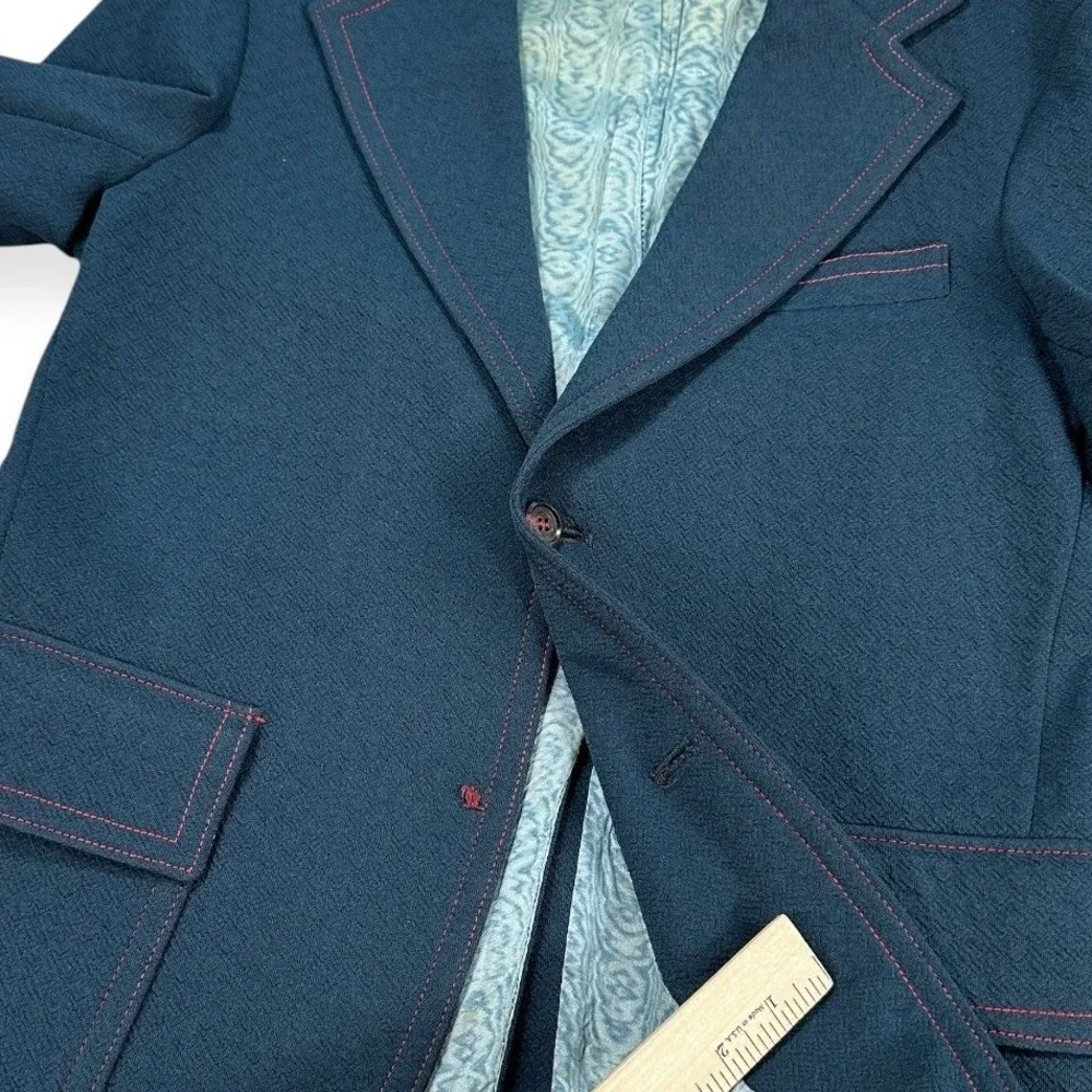 Vintage Tony Kent Mens Navy Blue Blazer‎ Red Contrast Stitch Textured Jacket